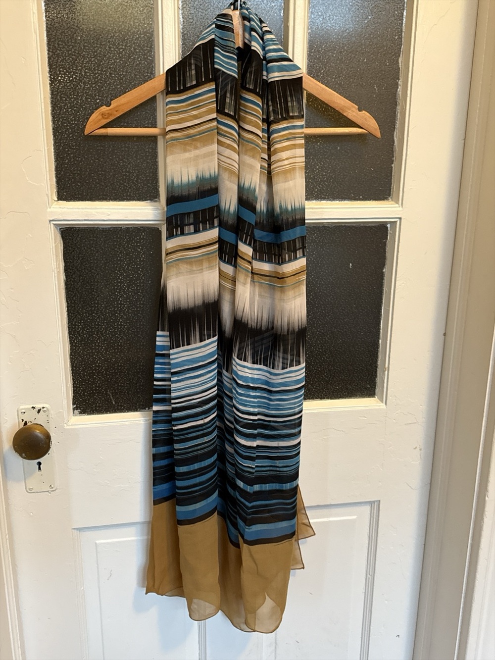 Multicolor Abstract Striped Scarf Teal Blue Black Camel Tan Oblong Wrap